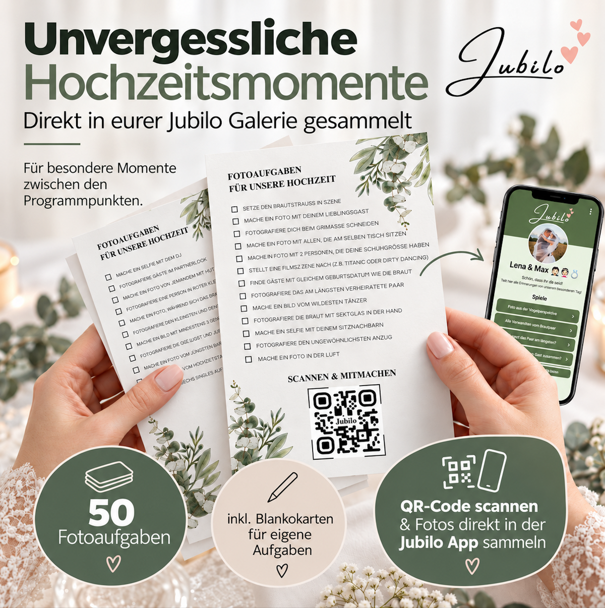 Hochzeit 50 Fotoaufgaben inklusive Online Galerie auf 25 Tischkarten